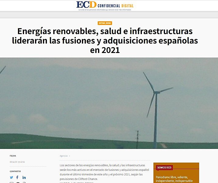 Energas renovables, salud e infraestructuras liderarn las fusiones y adquisiciones espaolas en 2021